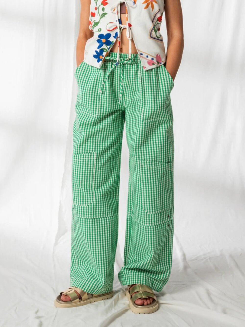 33 Coastal Green Gingham Gingham Wide Leg Utility Pant with Drawstring